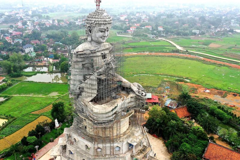 An aerial photo shows a giant Buddha statue under construction at Khai Nguyen pagoda in Son Tay, Vietnam. EPA