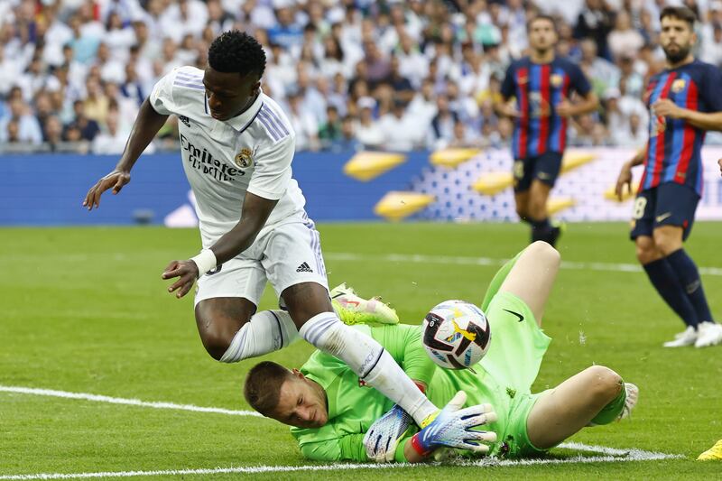 BARCELONA RATINGS: Marc-Andre ter Stegen – 6 The keeper made a good save to prevent Vinicius Junior opening the scoring but he was left scrambling for Benzema’s rebound. Later, he had no chance in keeping out Valverde’s powerful strike. 

EPA
