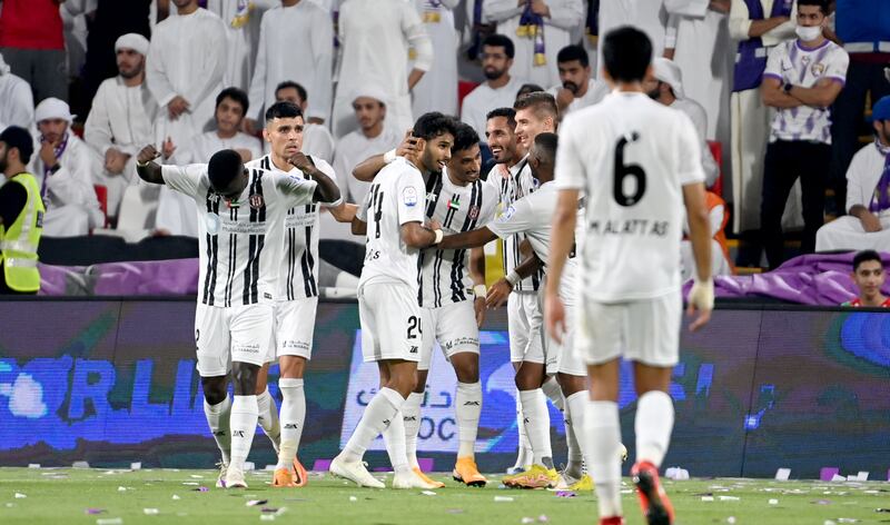 Al Jazira players celebrate after scoring in their 2-1 win over Al Ain in the Adnoc Pro League at the Mohamed bin Zayed Stadium on Thursday, September 15, 2022. Photo: UAE Pro League
