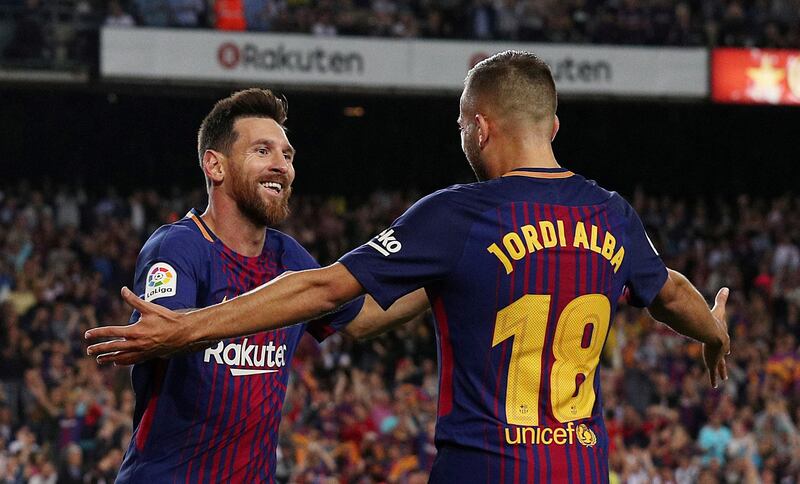 Soccer Football - Spanish La Liga Santander - Barcelona vs Espanyol - Barcelona, Spain - September 9, 2017   Barcelona���s Lionel Messi celebrates scoring their second goal with Jordi Alba   REUTERS/Albert Gea     TPX IMAGES OF THE DAY