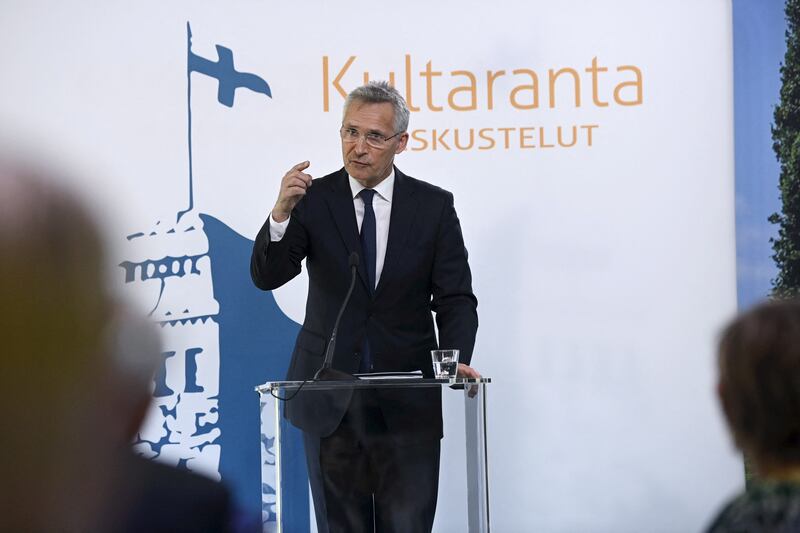 Nato Secretary General Jens Stoltenberg speaks at the opening of the Kultaranta Talks, hosted by Finnish President Sauli Niinisto in Naantali, Finland, on Sunday. Reuters