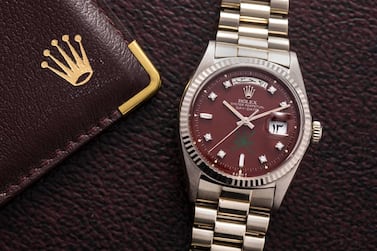 Custom made for the Sultanate of Oman, this white gold and diamond day-date Rolex with oxblood dial sold for $81,250 (Dh298,390). Supplied