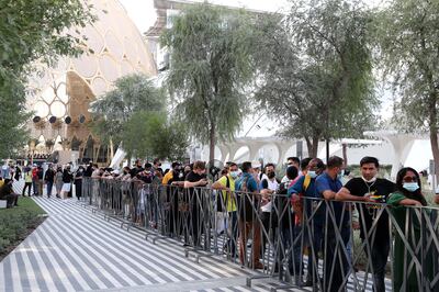 Visitors queue to enter the UAE pavilion at the Expo site in Dubai. More than 1.5 million visits have been recorded since the opening day. Pawan Singh / The National
