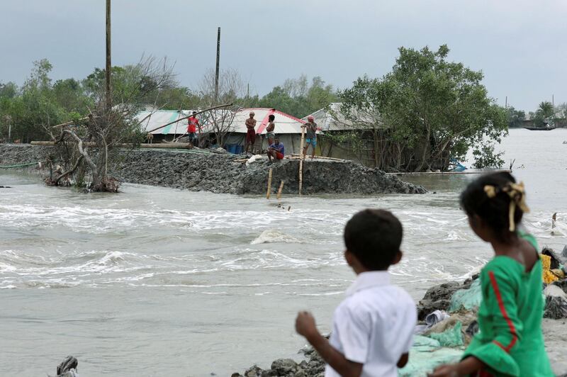 Coastal area is seen flooded after the embankment is destroyed as the cyclone Amphan makes its landfall in Satkhira, Bangladesh. REUTERS