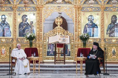 Pope Francis and Archbishop of the Greek Orthodox Church of Cyprus Chrysostomos II at a meeting with the holy synod at the Orthodox Cathedral in Nicosia on Friday.   EPA