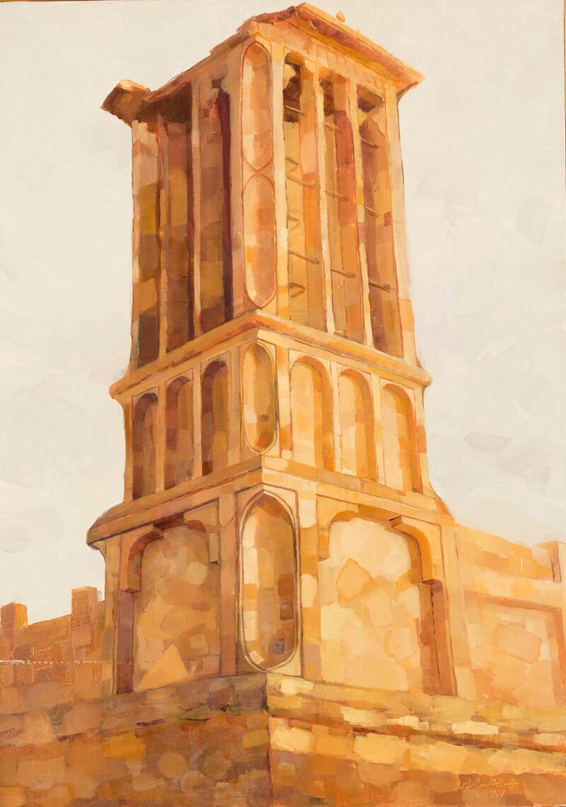 Retrospective Abdulqader Al Rais: Dubai Culture Institut du Monde Arabe Barjeel (Wind Tower), 1987, Oil on canvas