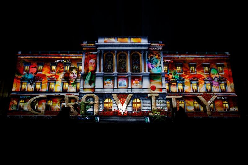 The sound and light show 'Ca gravite aux Bastions' ('That gravitates at the Bastions') is projected onto the facade of the University of Geneva.  EPA