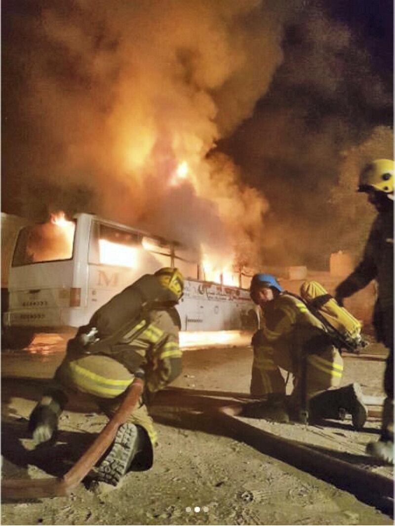 A fire in Al Nakheel, Ras Al Khaimah on Sunday destroyed a lorry and two buses. RAK Civil Defence