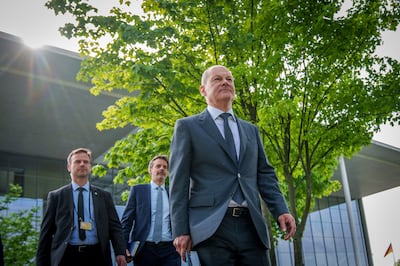 Chancellor Olaf Scholz leaves after a special meeting of the parliamentary defense committee in Berlin, Germany. AP Photo