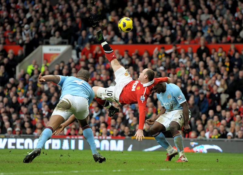 Wayne Rooney scores an overhead kick against Manchester City at Old Trafford. 12/02/2011. Andrew Yates / FPA / LDY Agency