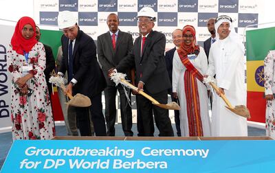 BERBERA , SOMALILAND,  October 10 , 2018 :- Left to Right – Abdu Shamakh Al Shebani , CEO , Shafa Al Wahda Contracting Company , Abdi Rahman Abdilahi Ismail , Vice President of Somaliland and Adnan Al Abbar , SVP Group Planning & Project Management DP World during the ground breaking ceremony for the DP World Berbera at the Berbera Port in Somaliland.  ( Pawan Singh / The National )  For News. Story by Charlie