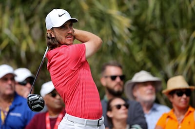 England's Tommy Fleetwood tees off on the 2nd hole during the final round of the Abu Dhabi Championship golf tournament in Abu Dhabi, United Arab Emirates, Sunday, Jan. 21, 2018. (AP Photo/Kamran Jebreili)