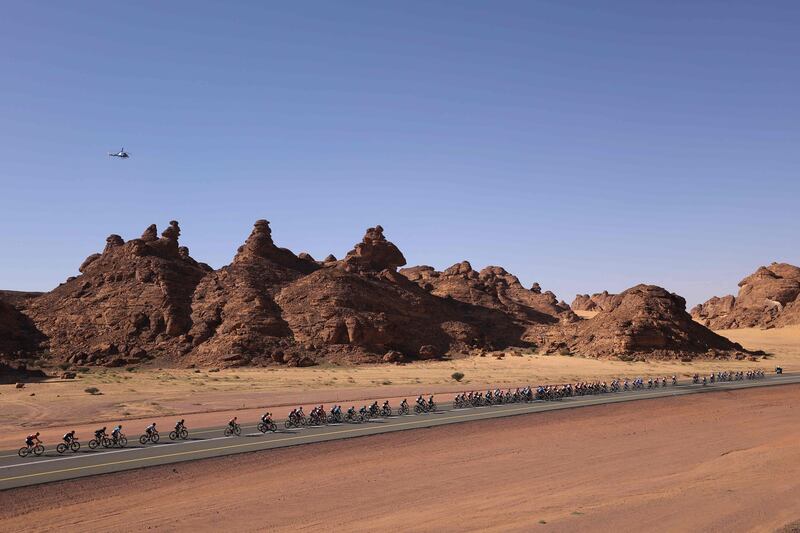 The pack rides during the fifth stage of 2023 Saudi Tour