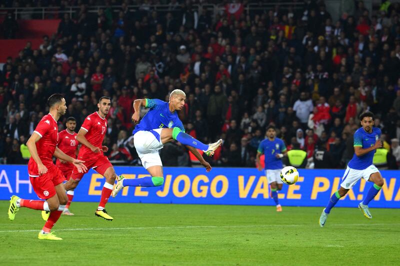 Brazil forward Richarlison shoots at goal. AFP