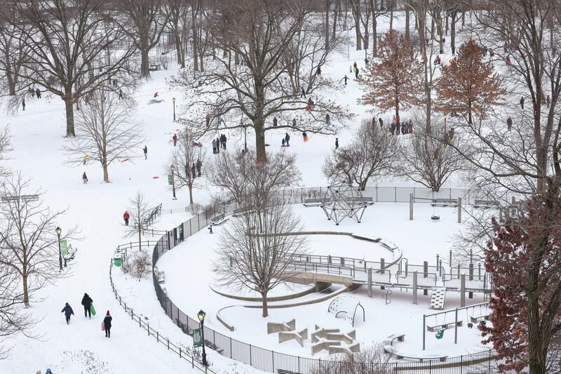 People enjoy snow at New York's Central Park. Reuters