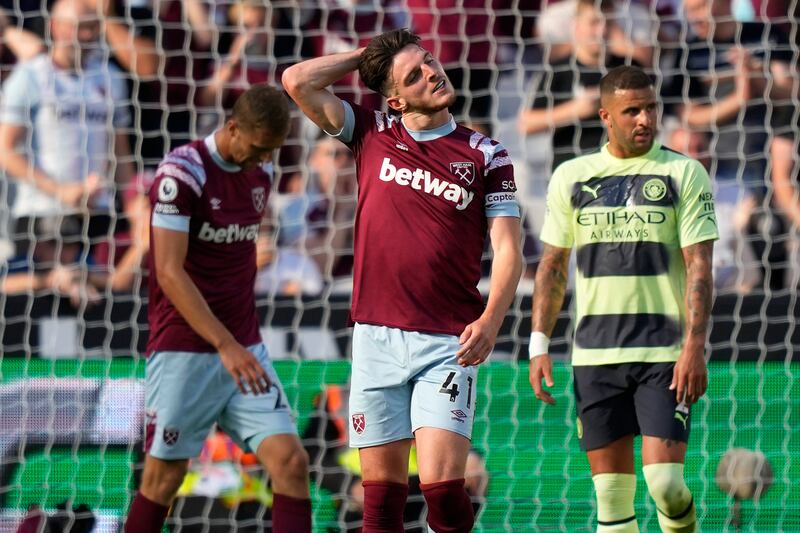 West Ham's Declan Rice grimaces after a missed chance. AP