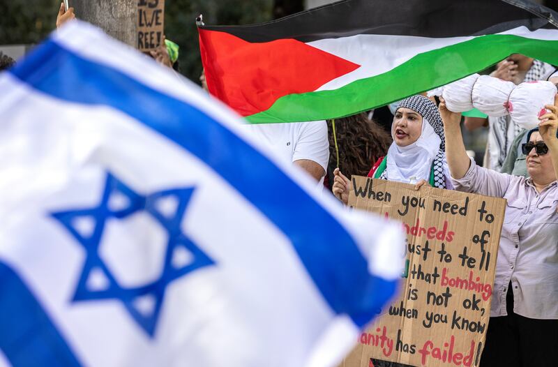 Pro-Israeli and pro-Palestinian protesters face off at a rally in Fort Lauderdale, Florida on November 13. The Hamas attack of October 7 and Israel’s subsequent bombardment of Gaza have re-focused international attention on the Palestinian-Israeli conflict. EPA