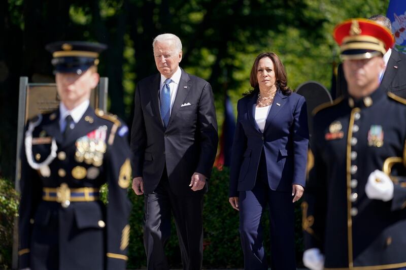 President Joe Biden arrives with Vice President Kamala Harris to place a wreath at the Tomb of the Unknown Soldier at Arlington National Cemetery on Memorial Day, Monday, May 31, 2021, in Arlington, Va.  (AP Photo/Alex Brandon)