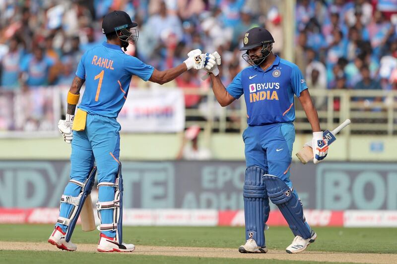 KL Rahul, left, and Rohit Sharma added 227 runs during the second ODI in Visakhapatnam on Wednesday. AFP