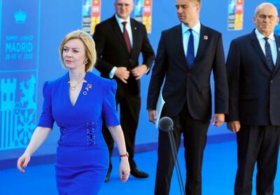 British Foreign Secretary Liz Truss arrives for the Nato summit in Madrid. AP