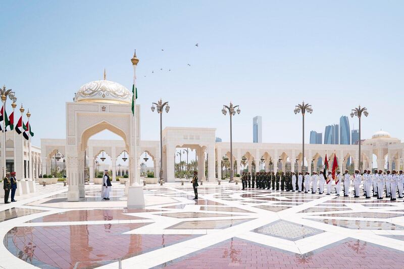 Mohamed bin Zayed receives Indian Prime Minister Narendra Modi at Qasr Al Watan, where he was accorded an official reception. From MBZ's twitter