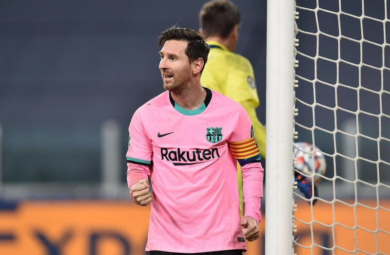 epa08782034 Barcelonaâ€™s Lionel Messi celebrates after scoring the 0-2 goal during the UEFA Champions Legue soccer match between Juventus FC and FC Barcelona, in Turin, Italy, 28 October 2020.  EPA/ALESSANDRO DI MARCO