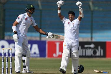 Pakistan openers Abid Ali, right, and Shan Masood scored centuries and added 278 runs for the first wicket against Sri Lanka in the Karachi Test on Saturday. AFP