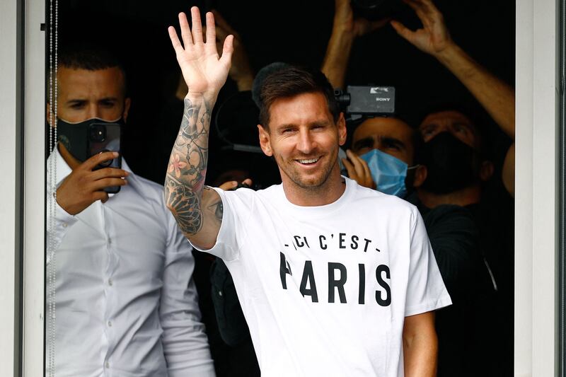 Lionel Messi after landing at at Le Bourget airport, north of Paris.