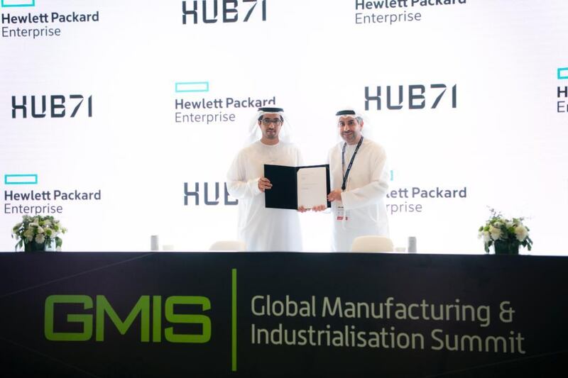Ahmad Alkhallafi and Badr Al Olama at the signing ceremony during the recent Global Manufacturing and Industrialisation Summit in Dubai. Photo: Hub71