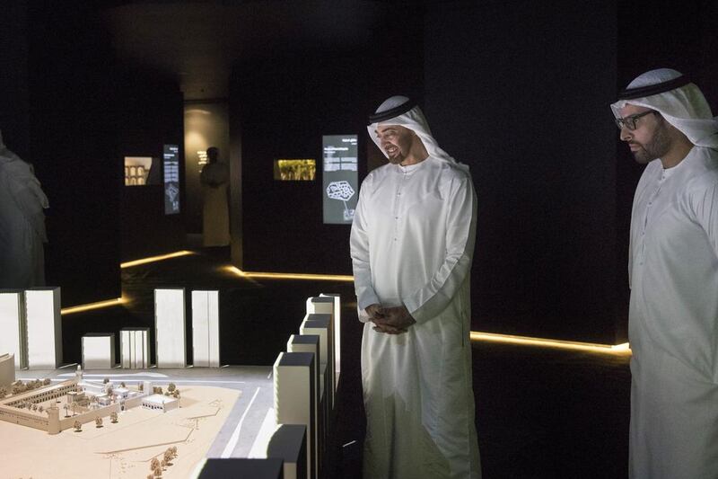 Sheikh Mohammed bin Zayed at the Story of Abu Dhabi & Its People exhibition at Qasr Al Hosn. With him is Mohamed Khalifa Al Mubarak, Chairman of Abu Dhabi Tourism and Culture Authority. Ryan Carter / Crown Prince Court - Abu Dhabi