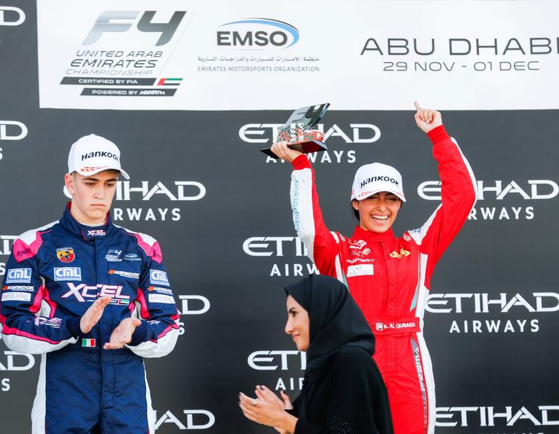 Abu Dhabi, United Arab Emirates, November 30, 2019.  
Formula 1 Etihad Airways Abu Dhabi Grand Prix.
-- FIA F4 Race 1.  Amna Al Qubaisi in tears of joy after taking the win.
Victor Besa / The National
Section:  SP
Reporter:  Simon Wilgress-Pipe
