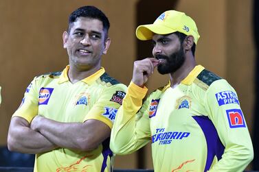 CSK team Captain Ravindra Jadeja and MS Dhoni during match 1 of the TATA Indian Premier League 2022 (IPL season 15) between the Chennai Superkings and the Kolkata Knight Riders held at the Wankhede stadium in Mumbai on the 26th March 2022

Photo by SAMUEL RAJKUMAR / Sportzpics for IPL
