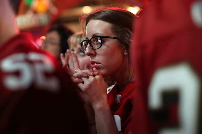 SAN FRANCISCO, CA - FEBRUARY 03: San Francisco 49er fans react as they watch Super Bowl XLVII at Ireland's 32 on February 3, 2013 in San Francisco, California. The San Francisco 49ers are facing off against the Baltimore Ravens in Super Bowl XLVII at the Superdome in New Orleans, Louisana.   Justin Sullivan/Getty Images/AFP== FOR NEWSPAPERS, INTERNET, TELCOS & TELEVISION USE ONLY ==
 *** Local Caption ***  407920-01-09.jpg