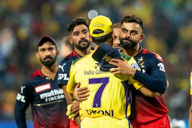 MS Dhoni captain of Chennai Superkings and Virat Kohli of Royal Challengers Bangalore after the match 49 of the TATA Indian Premier League 2022 (IPL season 15) between the Royal Challengers Bangalore and the Chennai Superkings held at the MCA International Stadium in Pune on the 4th May 2022

Photo by Vipin Pawar / Sportzpics for IPL