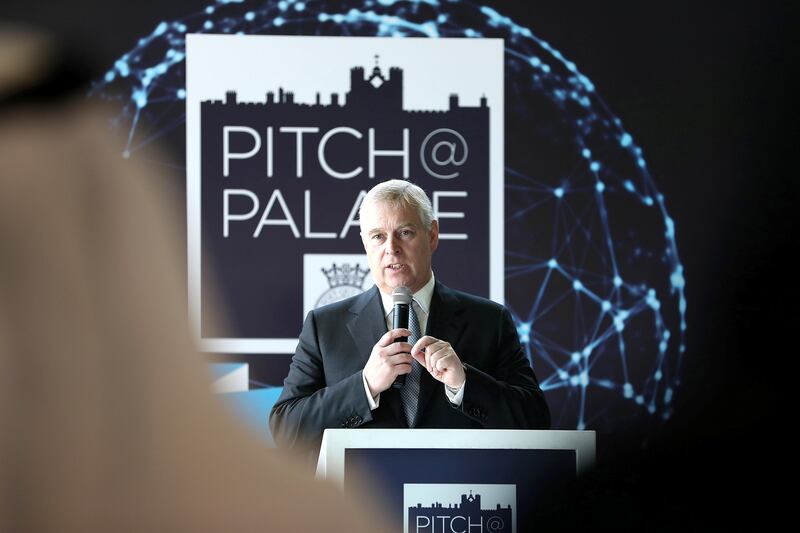 ABU DHABI , UNITED ARAB EMIRATES , OCT 2  ��� 2017 :- Prince Andrew , Duke of York speaking during the Pitch@Palace competition held at the Khalifa University in Abu Dhabi.  ( Pawan Singh / The National ) Story by Haneen Dajani