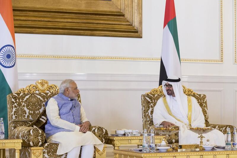 Sheikh Mohammed bin Zayed, Crown Prince of Abu Dhabi and Deputy Supreme Commander of the UAE Armed Forces speaks with Narendra Modi, Prime Minister of India, on the first day of his visit to the UAE. Ryan Carter / Crown Prince Court - Abu Dhabi