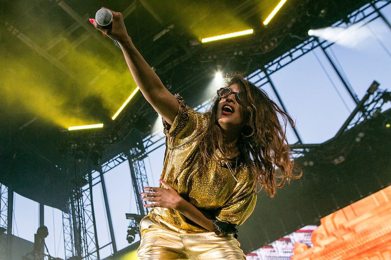 M.I.A. on stage. Her father fought for the Tamil Tigers in Sri Lanka, an issue she has sung about. Suzi Pratt / FilmMagic.