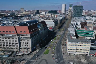 BERLIN, GERMANY - APRIL 01: (EDITOR'S NOTE: Photo taken with a drone.) In this aerial view the KaDeWe department store stands nearly empty Wittenberg Platz and Kurfuerstendamm avenue in the city center during the coronavirus crisis on April 1, 2020 in Berlin, Germany. The coronavirus and the disease it causes, COVID-19, are having a fundamental impact on society, government and the economy in Germany. Public life has been restricted to the essentials in an effort by authorities to slow the spread of infections. Hospitals are scrambling to increase their testing and care capacity. An economic recession seems likely as economic activity is slowed and many businesses are temporarily closed. Schools, daycare centers and universities remain shuttered. And government, both federal and state, seek to mobilize resources and find adequate policies to confront the virus and mitigate its impact. (Photo by Sean Gallup/Getty Images)