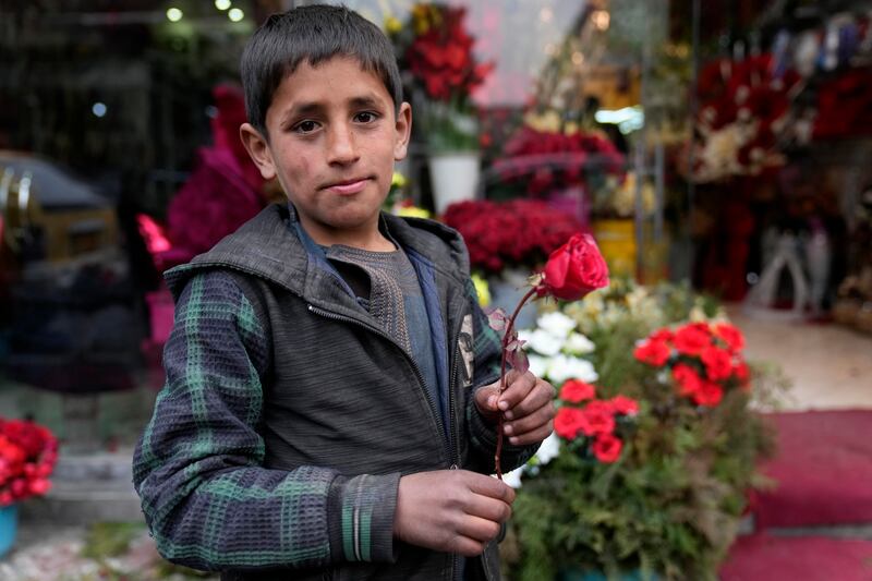 An Afghan boy in Kabul holds a red rose as he looks for money before Valentine's Day. AP