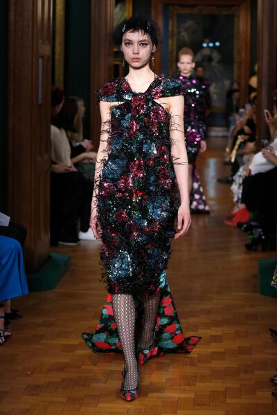 A model walks the runway at the Erdem show during London Fashion Week February 2019 at the National Portrait Gallery on February 18, 2019 in London, England.