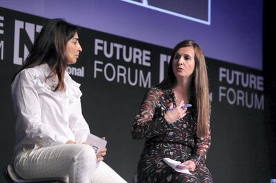 Abu Dhabi, United Arab Emirates - May 8th, 2018: L-R Loubna Hadid and Katherine Garrett-Cox speak about The future of money and investment at The National's Future Forum. Tuesday, May 8th, 2018 at Manarat Al Saadiyat, Abu Dhabi. Chris Whiteoak / The National