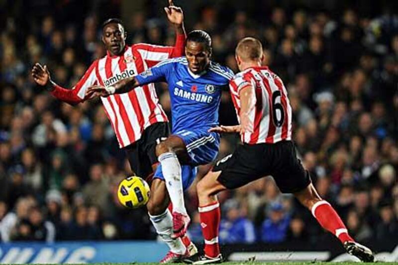 Didier Drogba, centre, the Chelsea striker, was given very little space by the Sunderland defence during yesterday’s 3-0 defeat at Stamford Bridge by the Wearsiders.