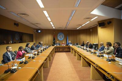 (Center, LtoR) Speaker of Libyan House of Representatives (HoR) Aguila Saleh, United Nations Special Adviser on Libya Stephanie Williams and President of Libya's High State Council of State (HSC) Khaled Al-Mishri give a press conference after a high-level meeting on Libya Constitutional track at the United Nations in Geneva, on June 28, 2022.  AFP