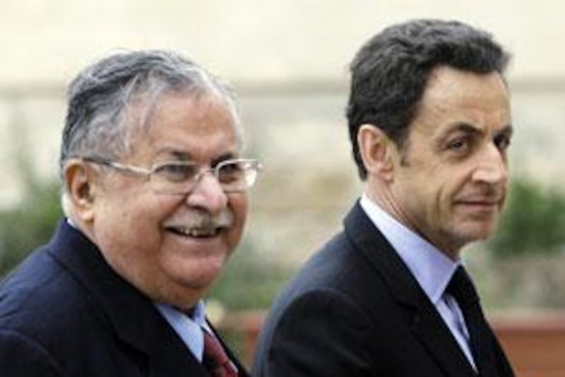 The French president, Nicolas Sarkozy, right, and the Iraqi president, Jalal Talabani, before today's meeting.