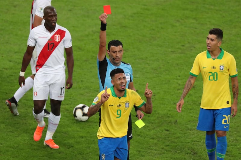 Gabriel Jesus is sent off for Brazil. AP Photo