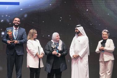 Sheikh Mohammed bin Rashid, Vice President and Ruler of Dubai, awards the finalists of the Arab Hope Makers award Dh1m each. Reem Mohammed / The National