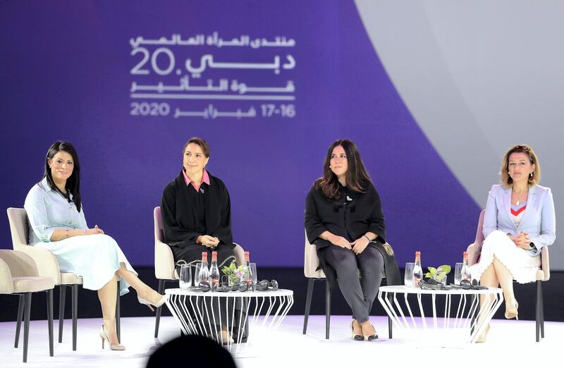 DUBAI, UNITED ARAB EMIRATES , Feb 17  – 2020 :- Left to Right - RANIA AL MASHAT, Minister of International Cooperation – Arab Republic of Egypt, Mariam Al-Muhairi, Minister of State for Food Security – UAE,  Lana Zaki Nusseibeh, UAE Ambassador and Permanent Representative to the UN and MIMOZA KUSARI LILA , MP – Republic of Kosovo during the session on ‘WOMEN LEADERS IN GOVERNMENT’ at the Global Women’s Forum Dubai held at Madinat Jumeirah in Dubai. (Pawan  Singh / The National) For News. Story by Kelly