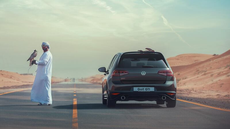 The Volkwagen Golf GTI Clubsport and the Peregrine Falcon face off in the desert. Courtesy Volkswagen Middle East