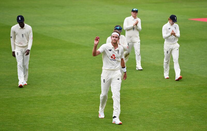 England bowler Stuart Broad after taking six wickets in the West Indies' first inning total of 197 on Day 3 of the third Test at Old Trafford in Manchester on Sunday, July 26. Monday's play was abandoned due to rain without a ball being bowled. Getty