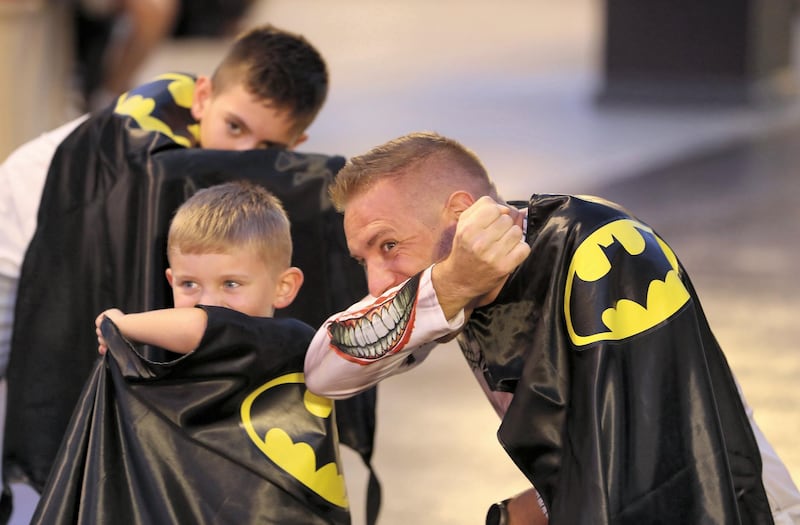 ABU DHABI ,  UNITED ARAB EMIRATES , SEPTEMBER 21 – 2019 :- People wearing capes and taking part in the Guinness World Record for the Batman’s 80th anniversary held at Warner Bros  in Abu Dhabi. ( Pawan Singh / The National ) For News/Online/Instagram